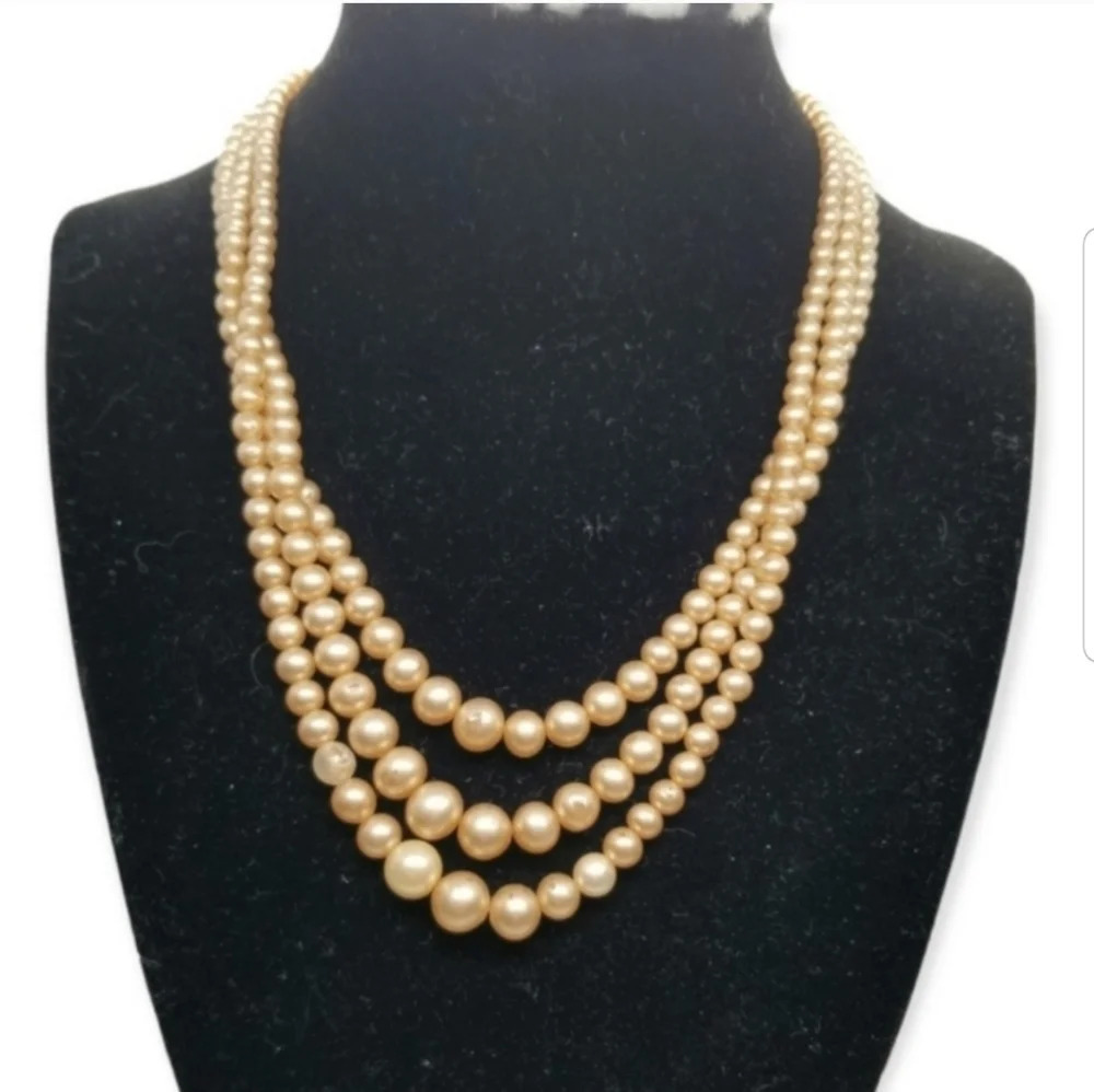 Vintage Triple Strand Glass Pearl Necklace - Sterling Silver Filigree Clasp